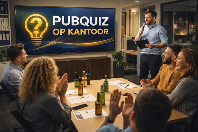Home Collega's spelen pubquiz op eigen locatie during kantoor bedrijfsuitje met teams die samenwerken